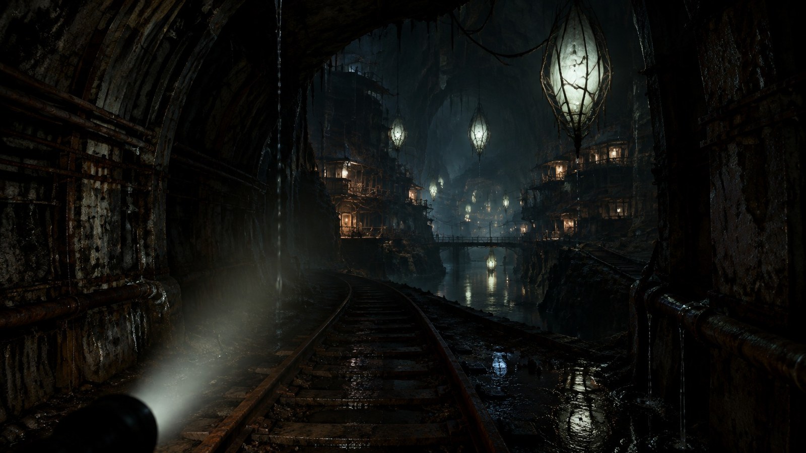 AI artwork of abandoned railway tunnels beneath a city, lit by hanging lanterns and a single torch beam