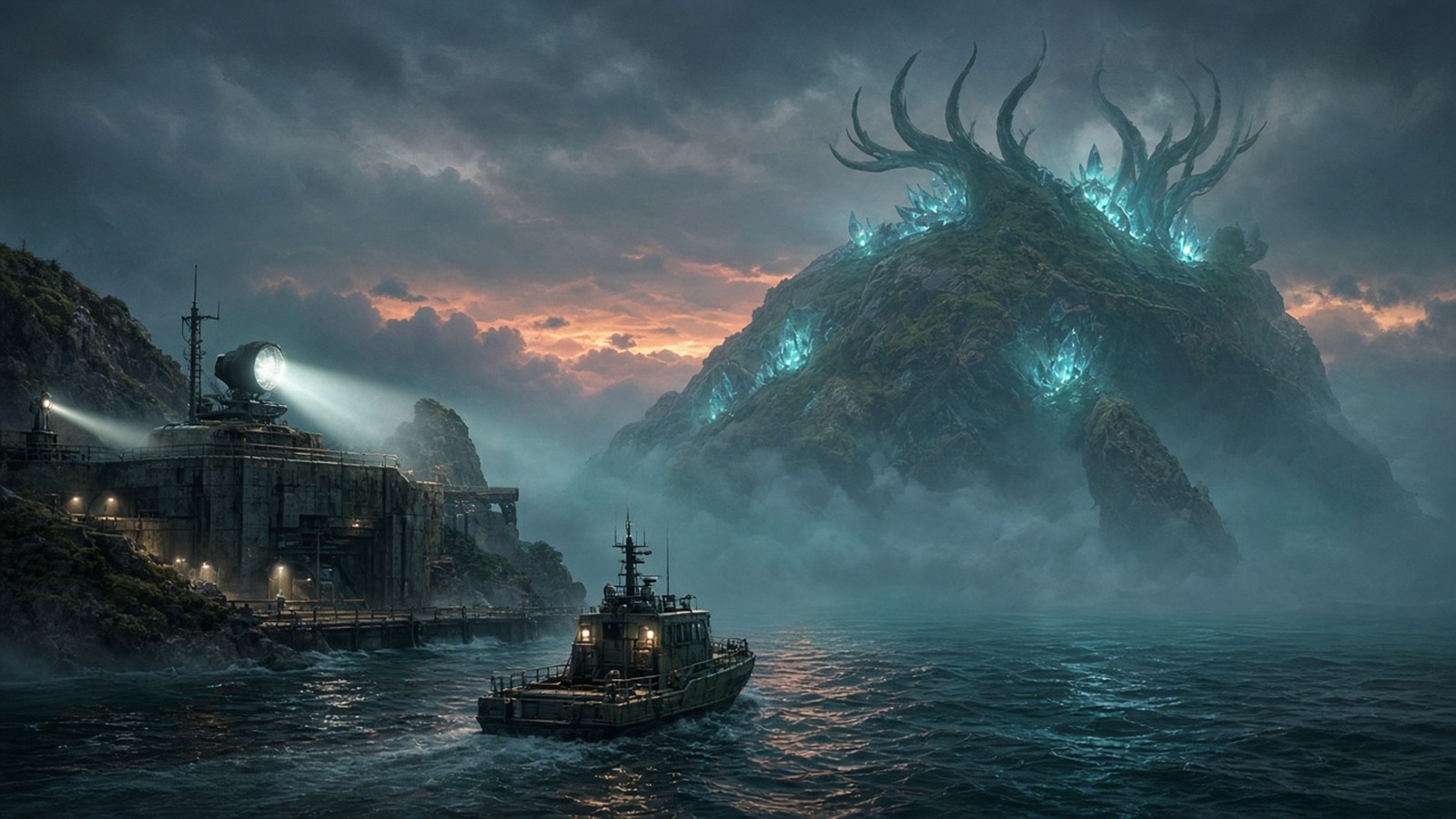 AI artwork of a research boat in a stormy sea approaching a glowing horned island-sized Titan