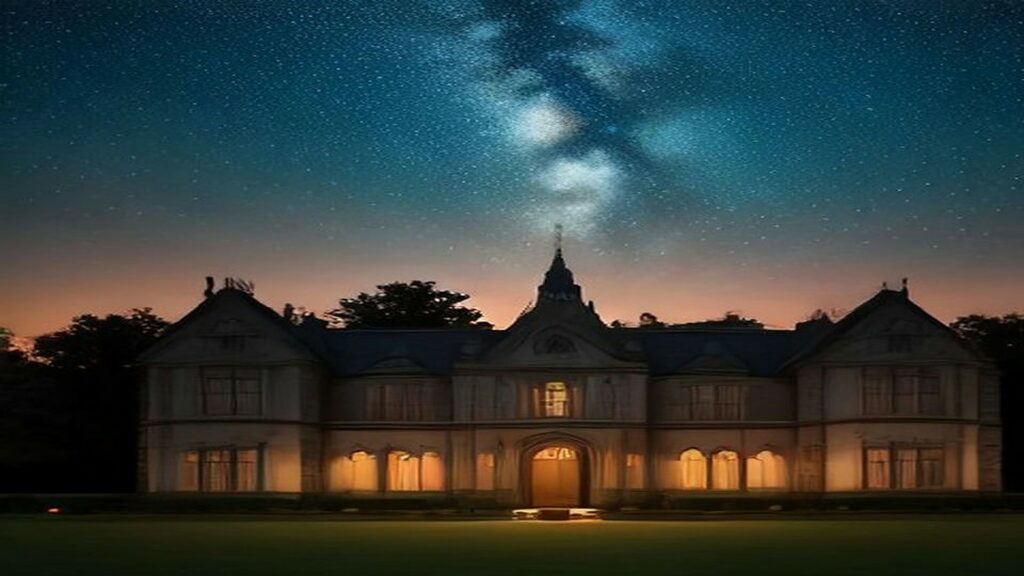 AI artwork of a grand English country house glowing at night beneath a sky full of stars