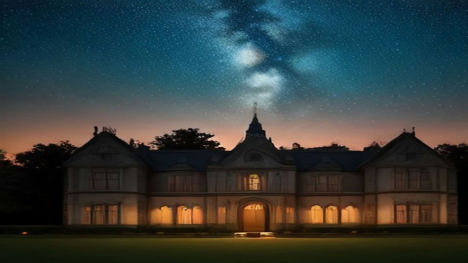AI artwork of a grand English country house glowing at night beneath a sky full of stars