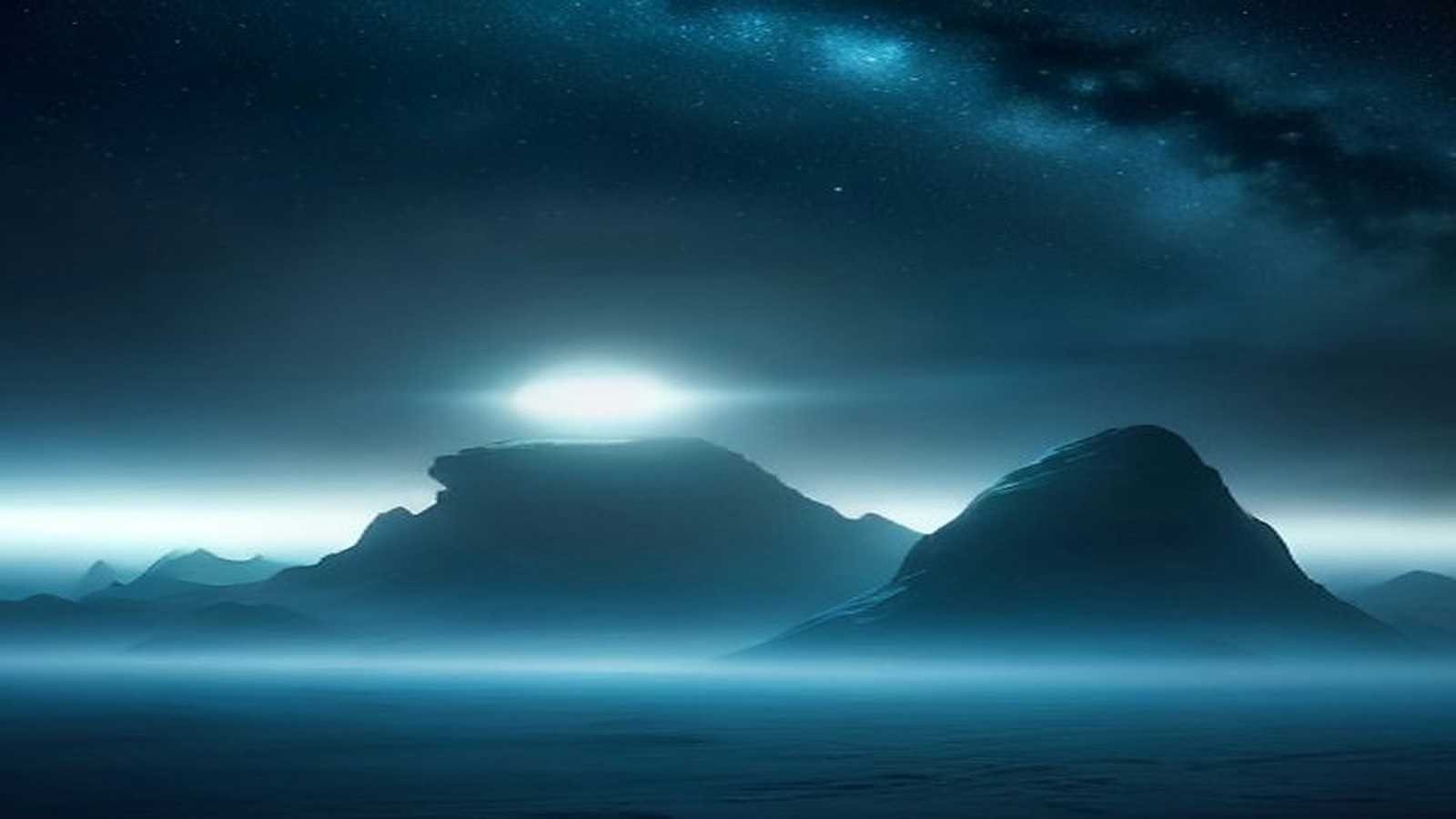 AI artwork of a mysterious glowing light hovering above misty mountains beneath a starry night sky