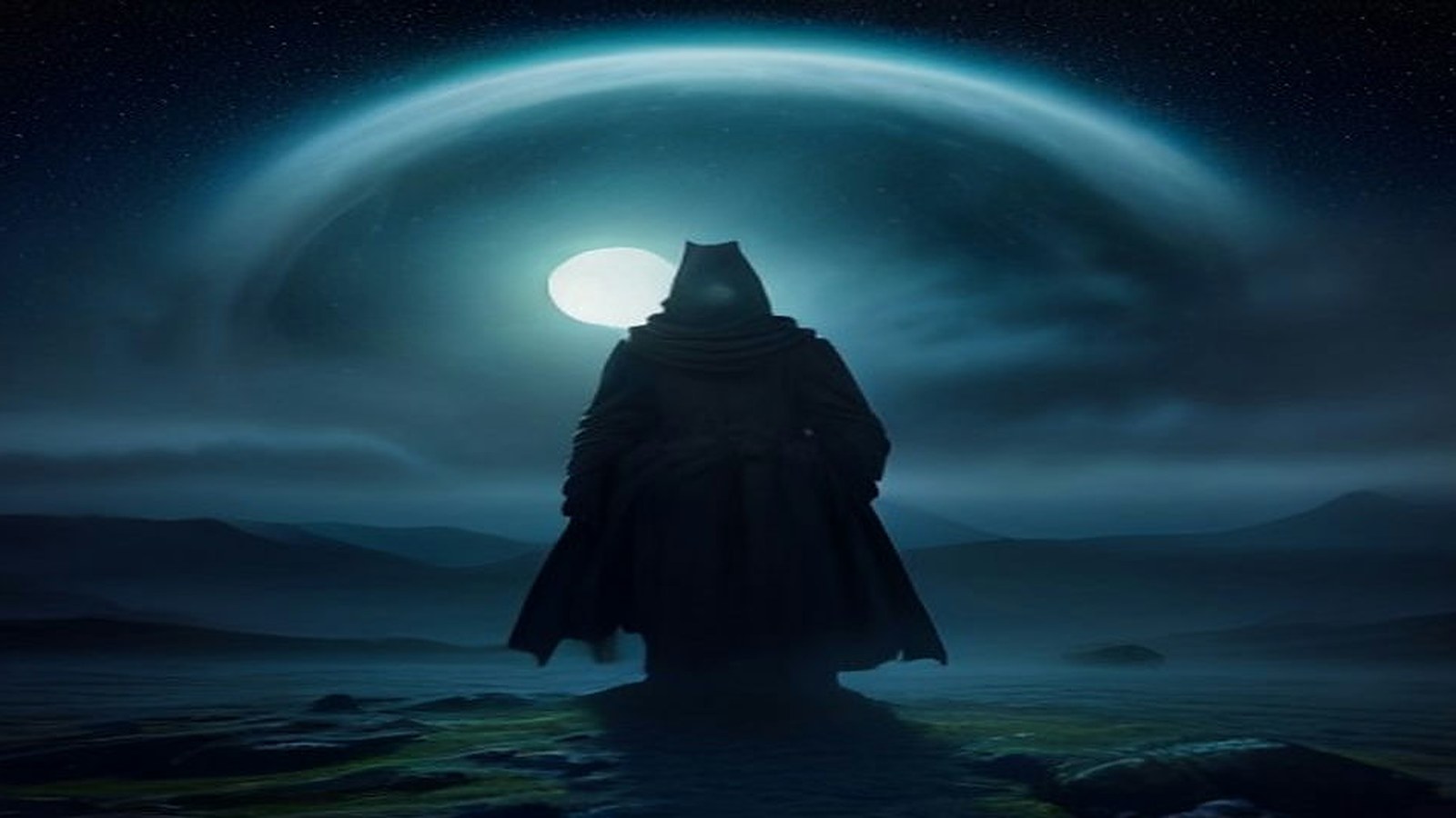 AI artwork of a cloaked figure on a misty moor beneath a full moon and a swirling cosmic arc of light