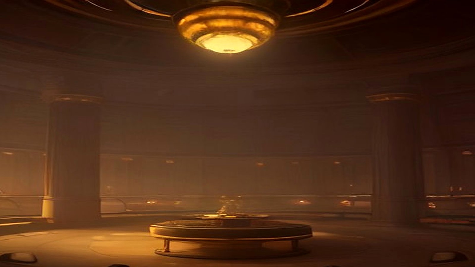 AI artwork of a golden, misty circular chamber with a glowing light above a round central console, like the control room of a time machine