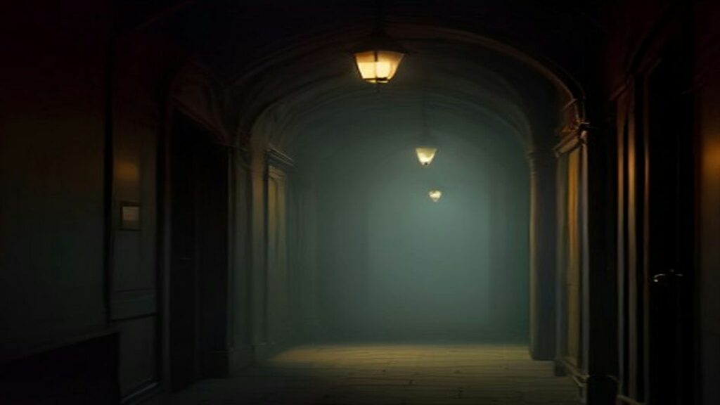 AI artwork of a fog-filled, lamplit gothic hospital corridor at night, with arched doorways fading into blue-green mist