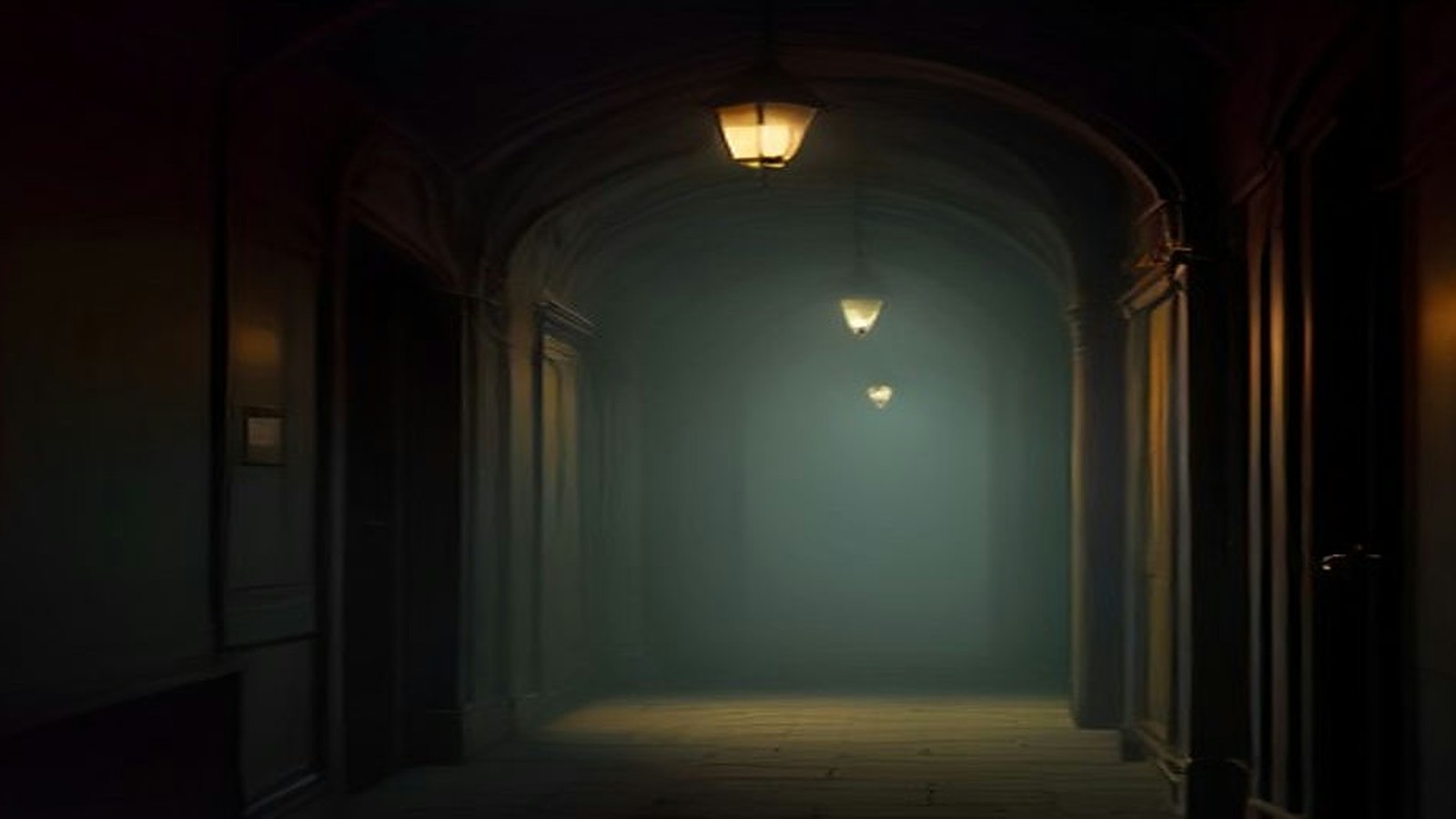 AI artwork of a fog-filled, lamplit gothic hospital corridor at night, with arched doorways fading into blue-green mist