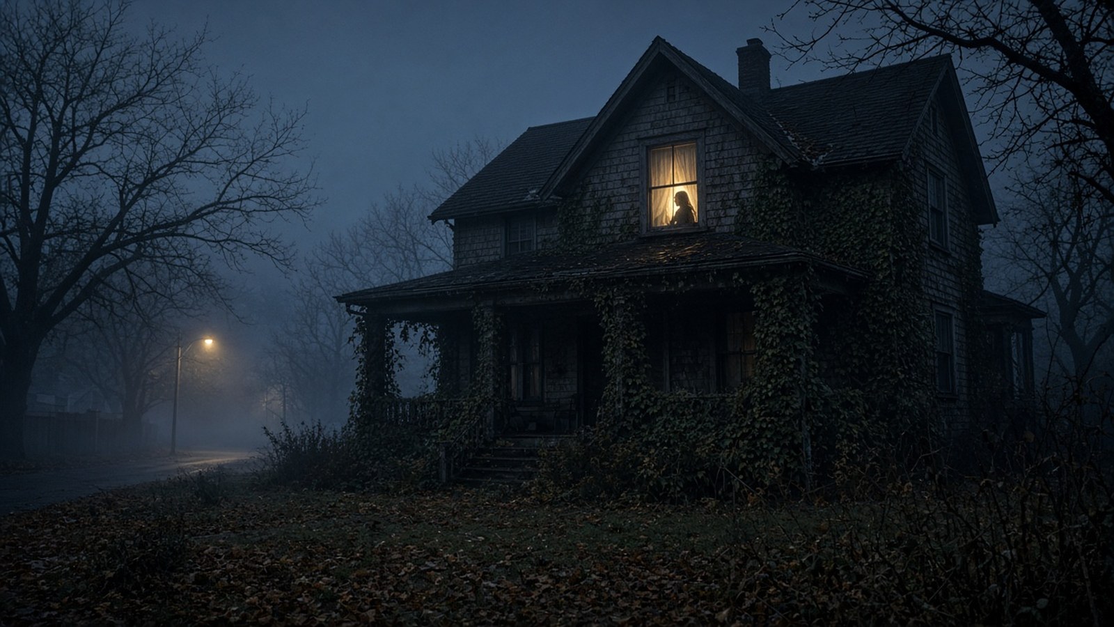 AI artwork of a lonely ivy-covered suburban house at dusk, with a girl's silhouette in a glowing upstairs window and mist in the street