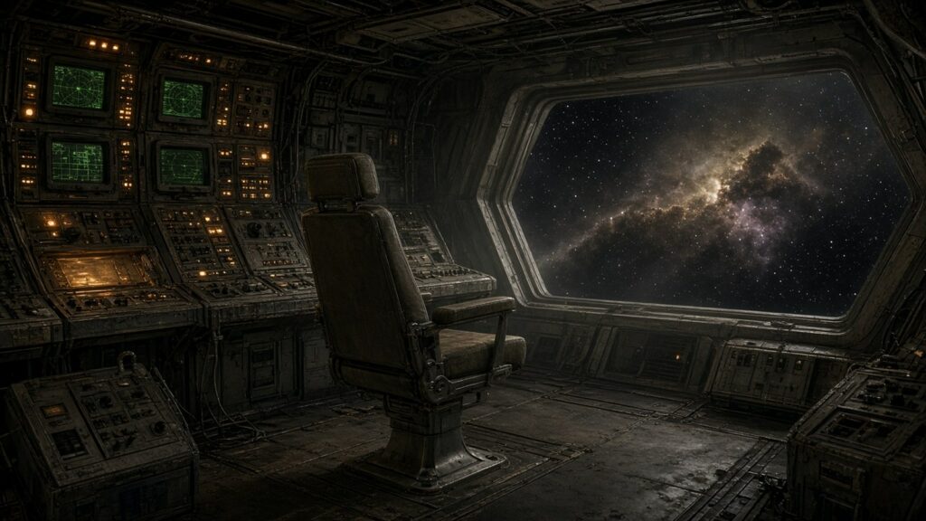 AI artwork of an empty captain's chair on the bridge of a gritty retro cargo spaceship, with glowing green screens and a nebula through the window
