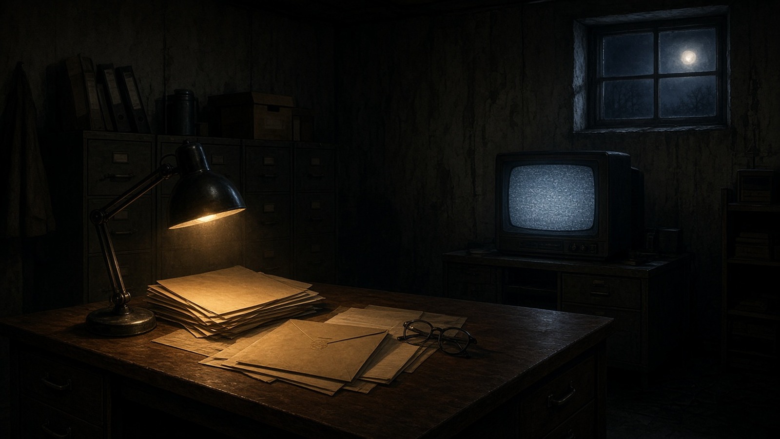 AI artwork of a dark basement office at night, with a desk lamp lighting stacks of old case files and a small television glowing with static