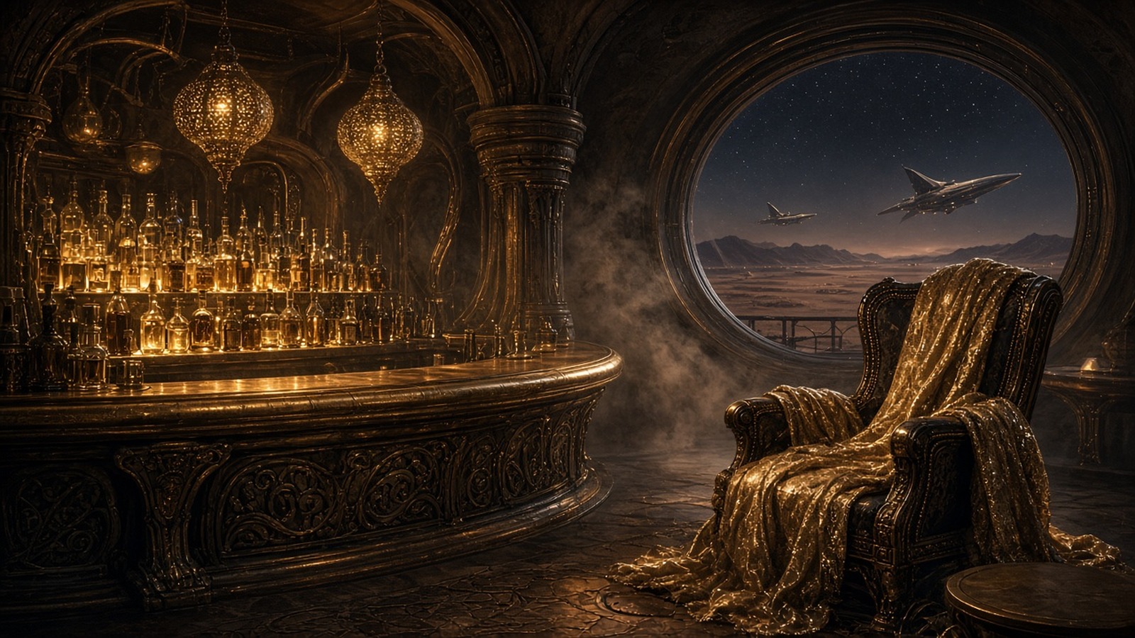 AI artwork of a lamplit alien cantina with a golden bar and a gold-draped chair, and a starfighter flying past a round window at dusk