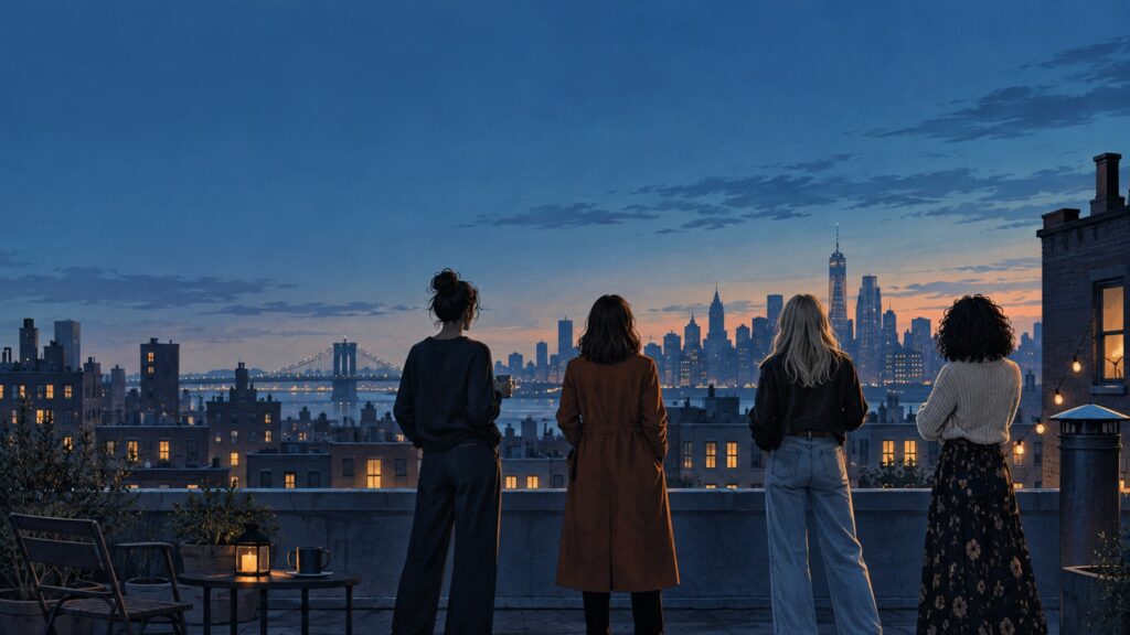 Original illustration of four women looking across New York from a rooftop at dusk
