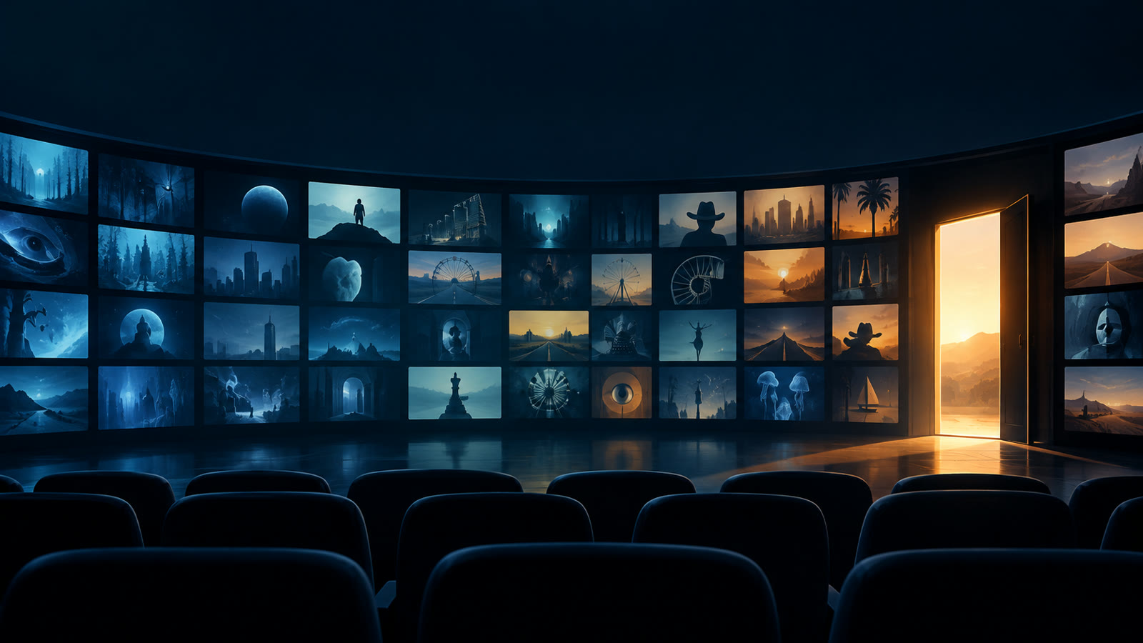 Conceptual illustration of an empty cinema facing many small screens and a doorway of warm light