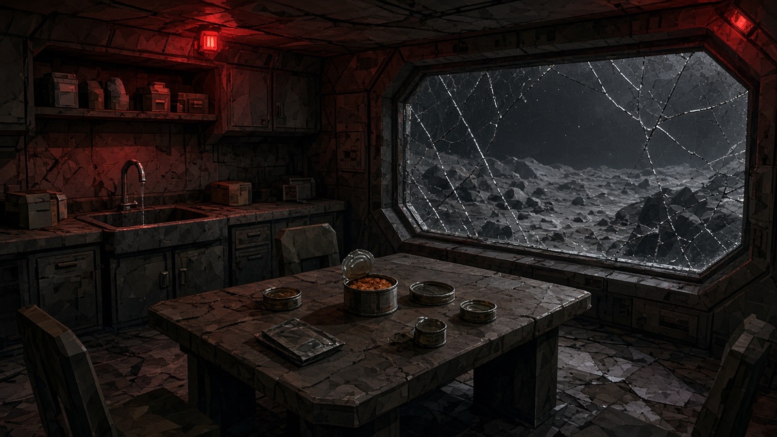 AI artwork of a grimy spaceship galley lit red, its cracked window looking out on a barren asteroid