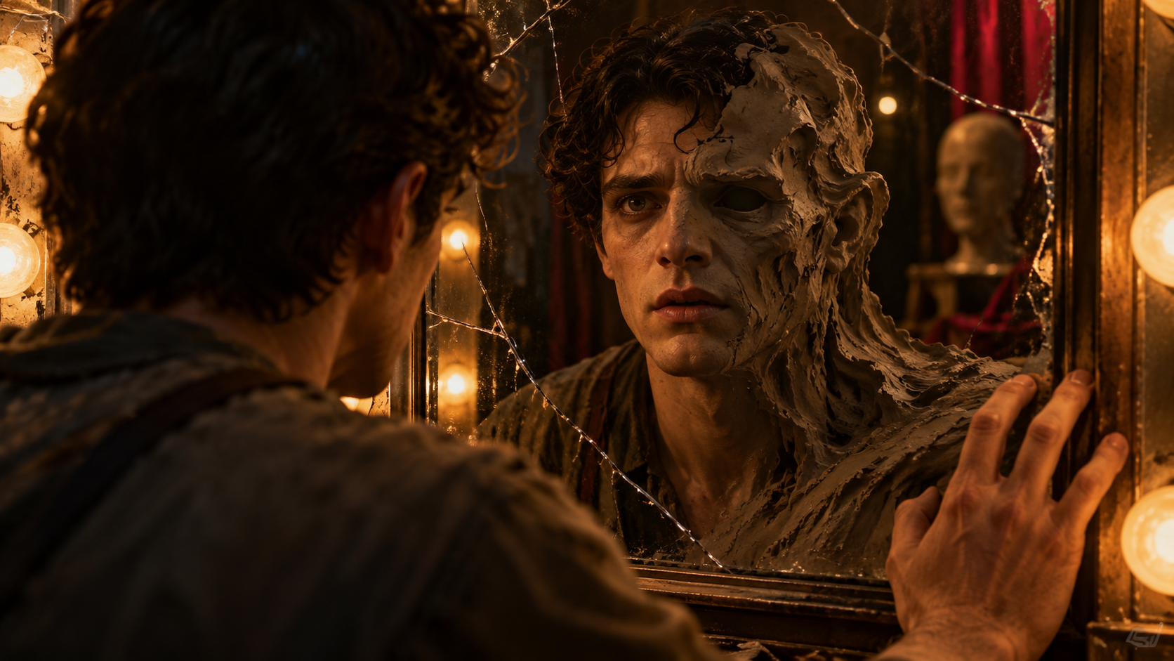 AI-created Clayface-inspired illustration of an actor’s reflection transforming into clay in a dressing-room mirror.