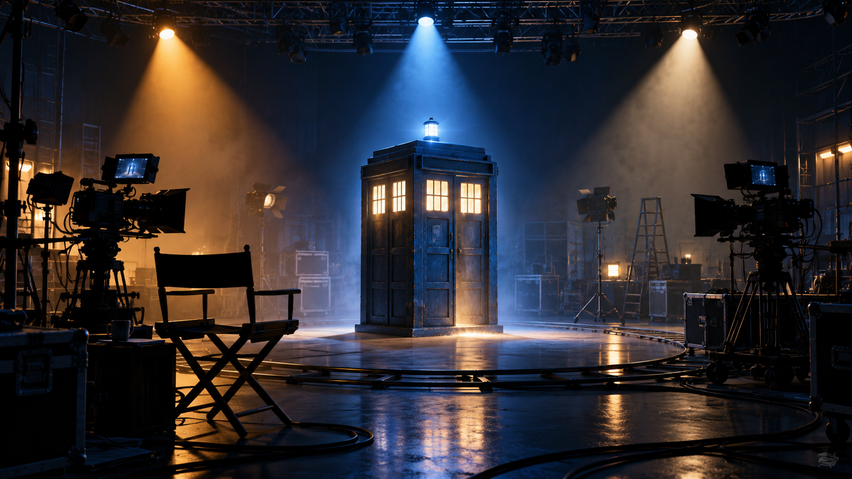AI-created editorial illustration of a blue police box on a television soundstage, representing the Doctor Who production bids.