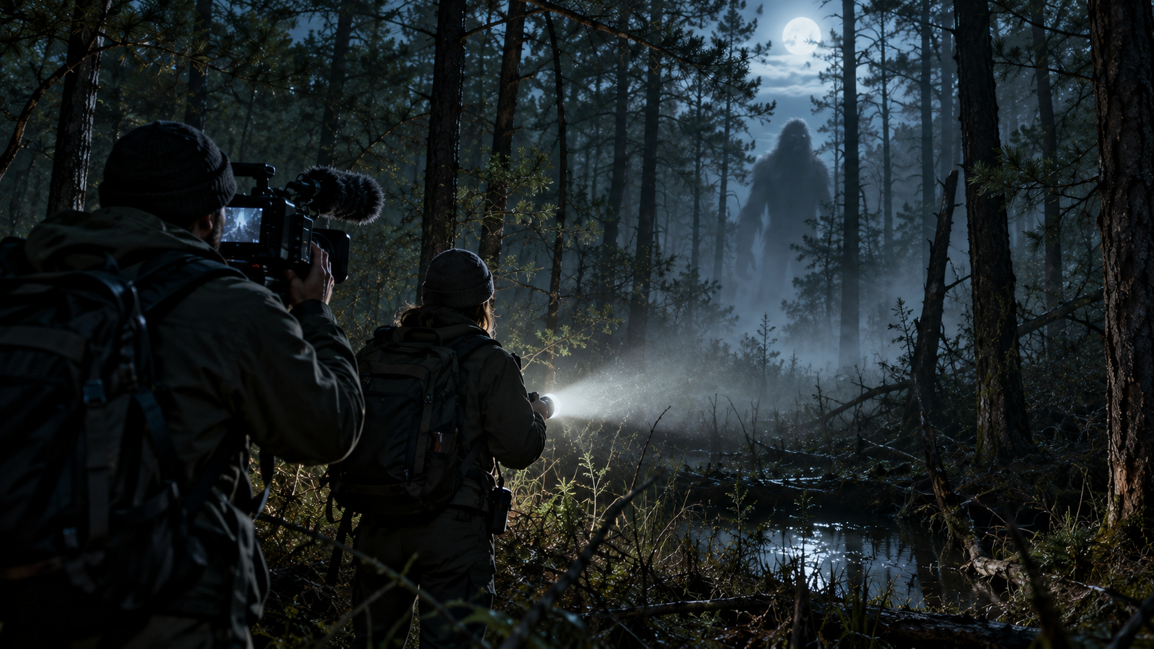 AI-created Creature of the Pines-inspired illustration of a documentary crew encountering a shadowy creature in a moonlit pine forest.
