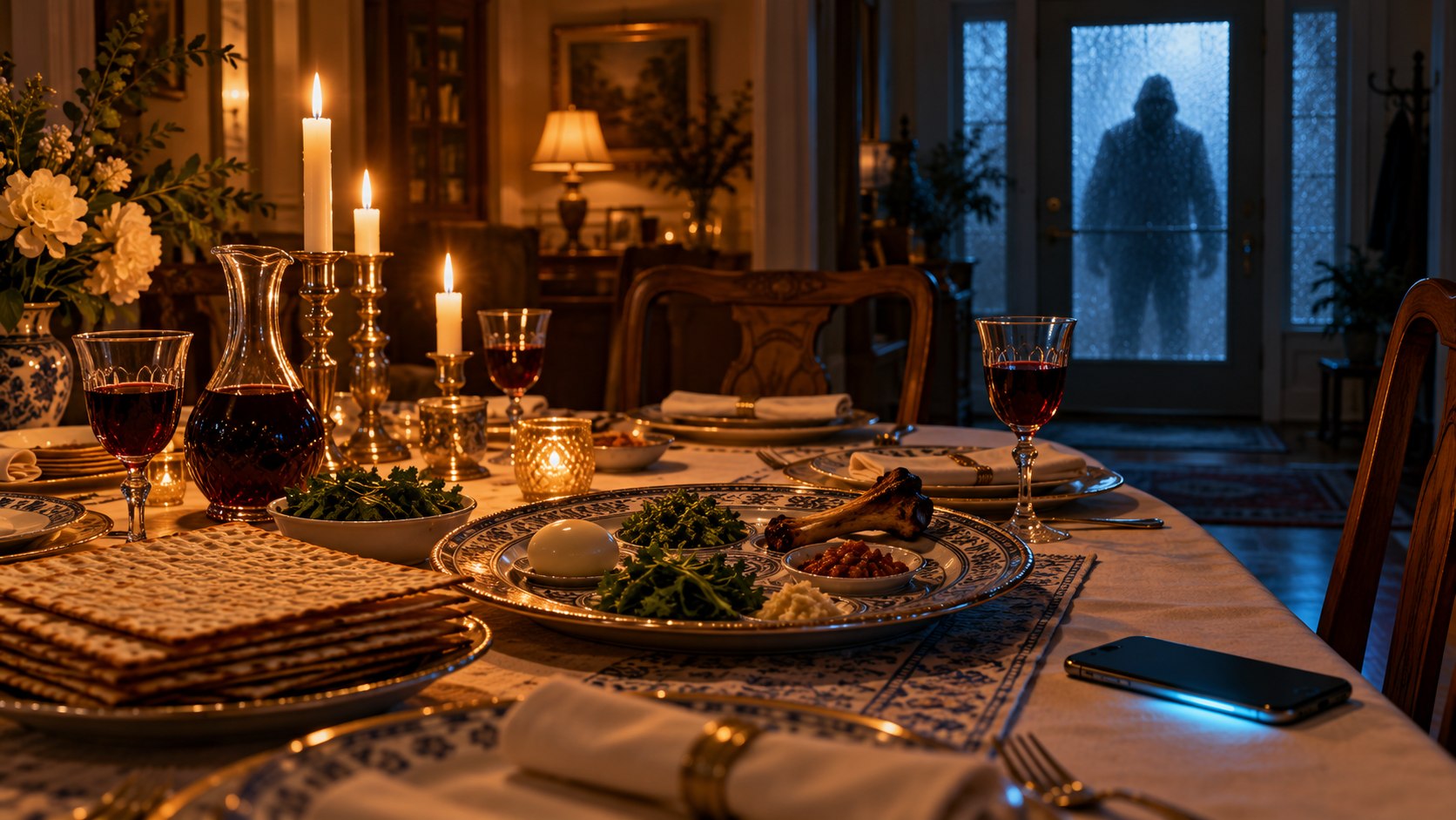 AI-created Doom Scroll-inspired illustration of a Passover table with an ominous figure outside the doorway.
