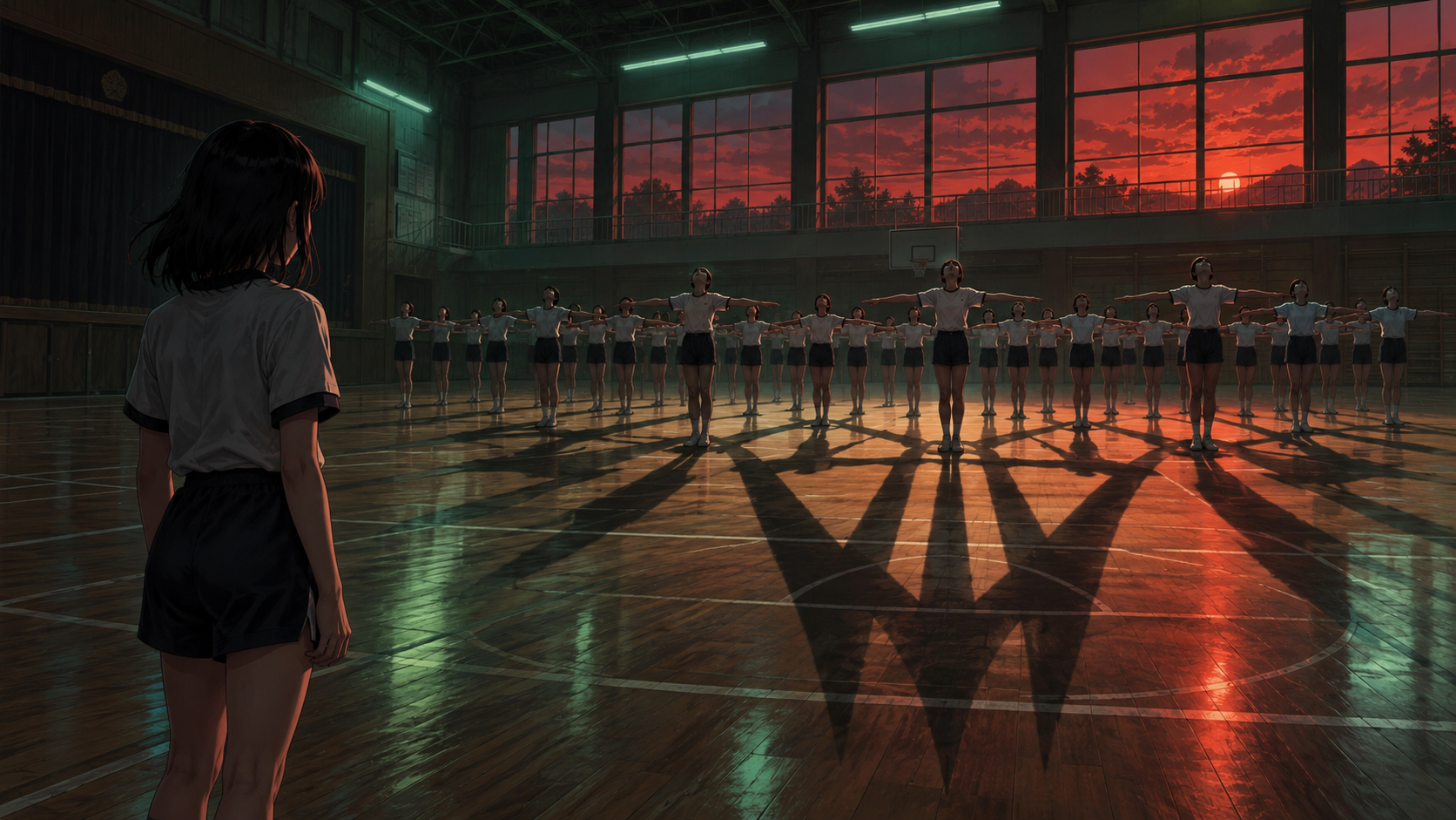AI-created New Group-inspired illustration of a schoolgirl facing a synchronised group of students in a shadowy gymnasium.