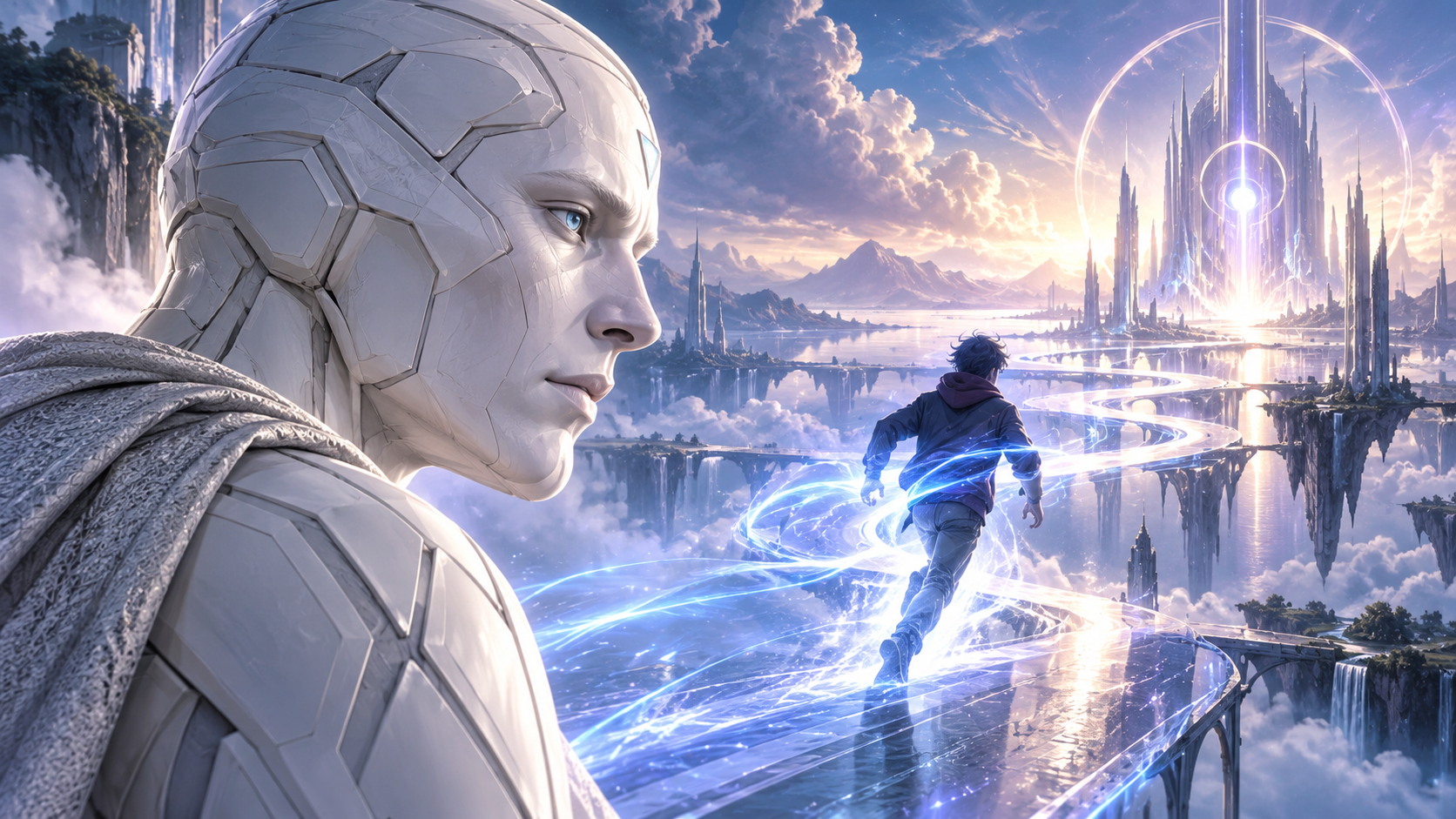 AI-created VisionQuest-inspired illustration of a white android and a young man moving through blue-white speed light.