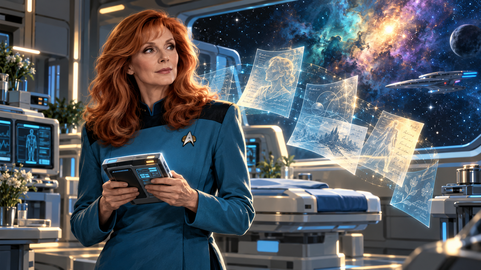 AI-created editorial illustration of Beverly Crusher in a starship sickbay, with floating journal pages representing her untold years.