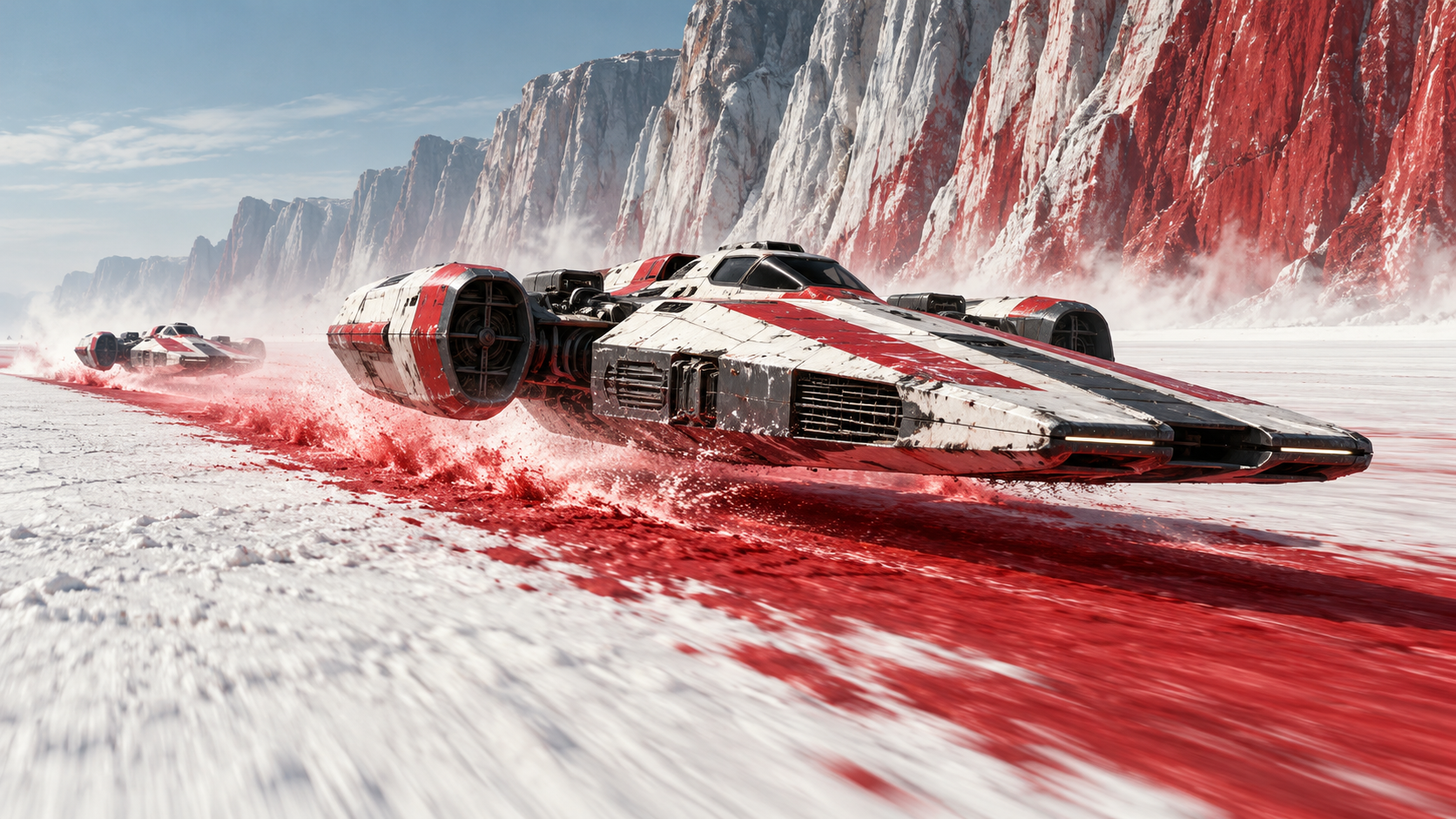 AI-created Galactic Racer-inspired illustration of speeders racing across Crait’s white salt flats and leaving red trails.