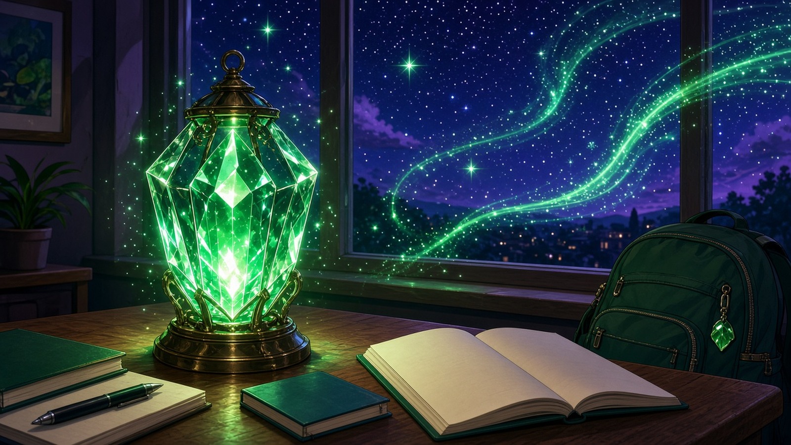 AI artwork of a glowing green lantern on a student's desk beside open books, with green light swirling across a starry sky outside