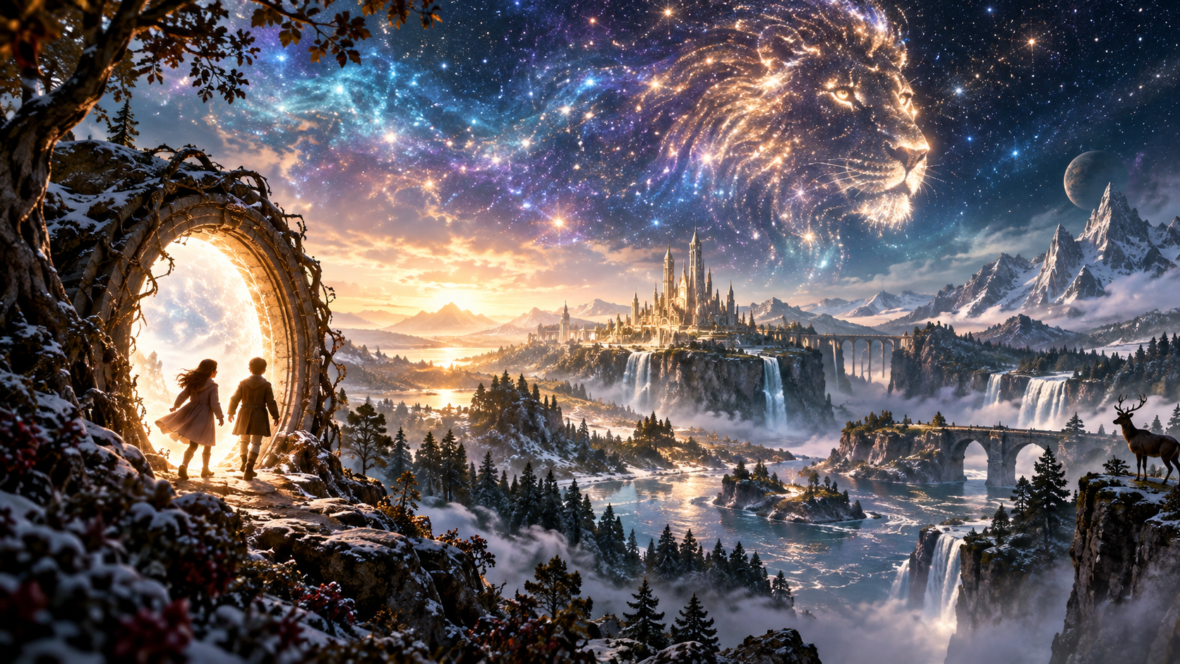Children approaching a glowing portal into an original wintry fantasy landscape