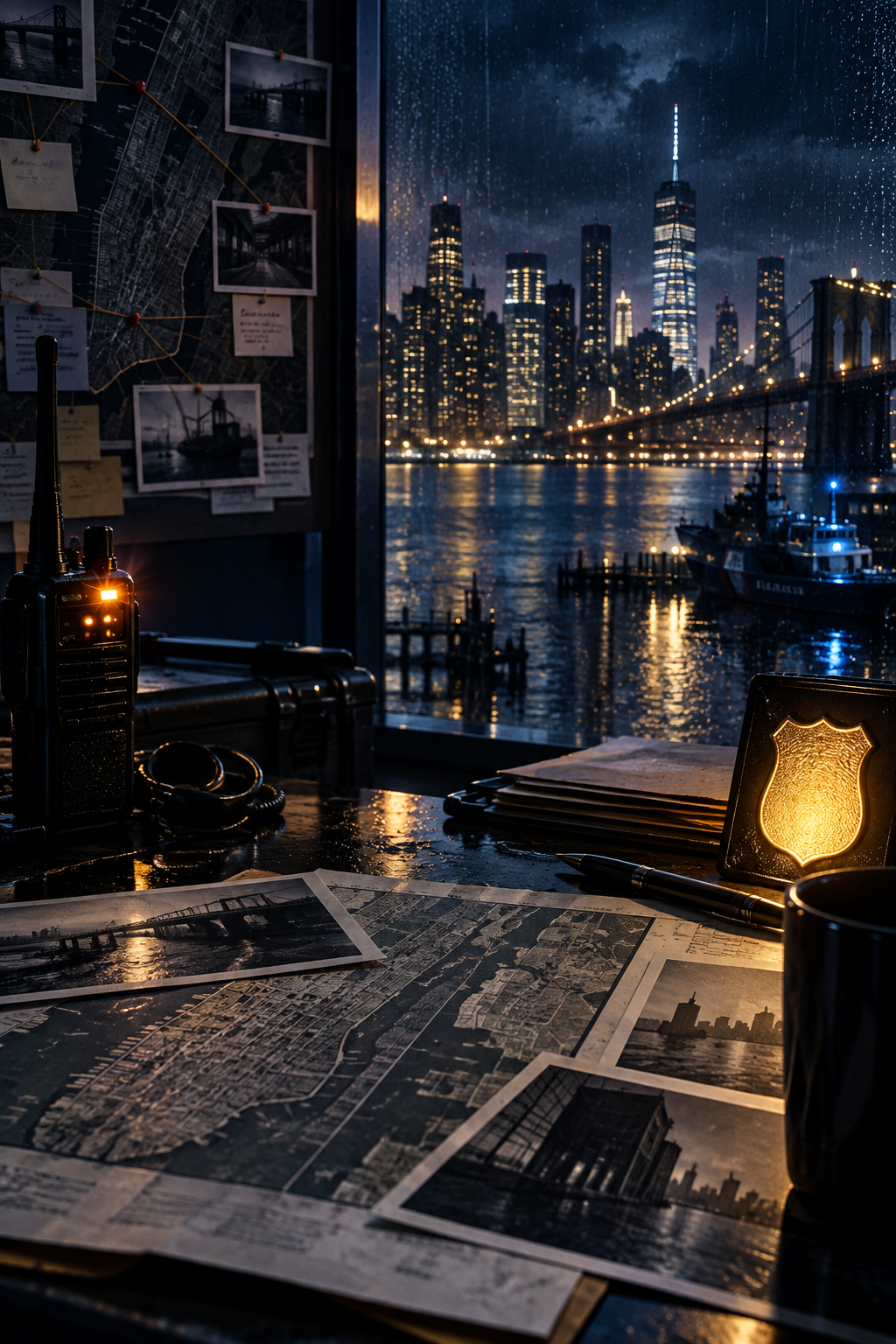 AI-created editorial illustration evoking NCIS: New York with a rain-darkened Manhattan harbour, case files and radio equipment