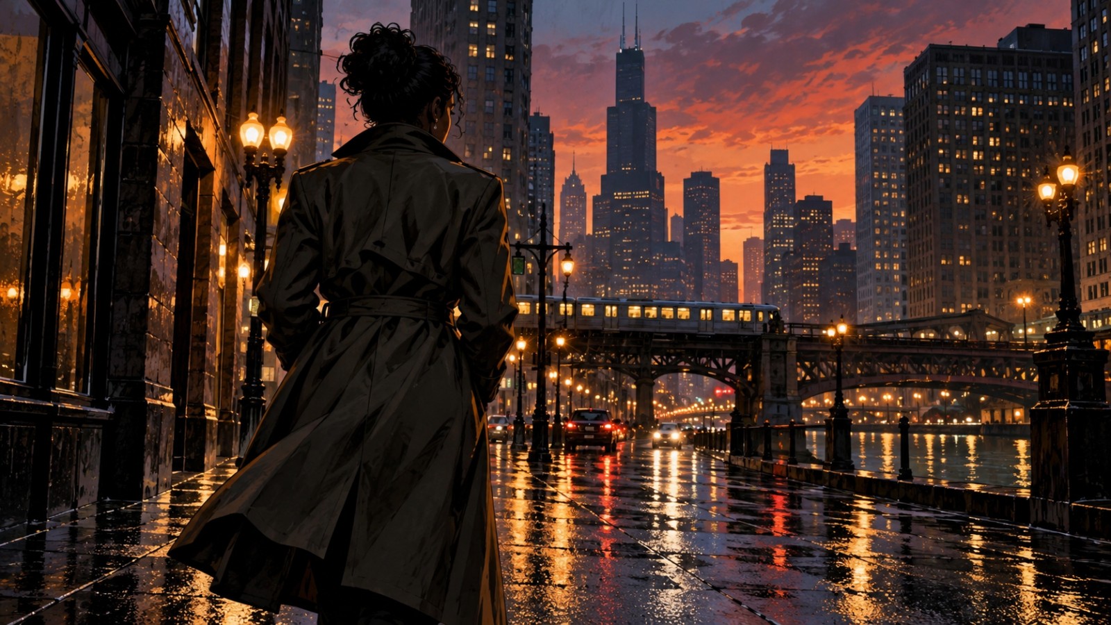 Original editorial illustration of a private investigator on a Chicago street at dusk