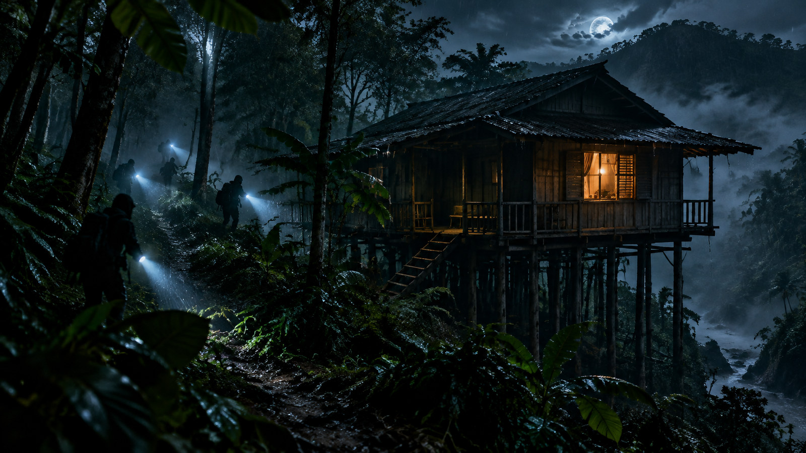 AI artwork: a remote wooden house on stilts at the edge of a misty jungle at night, with torch beams moving through the trees