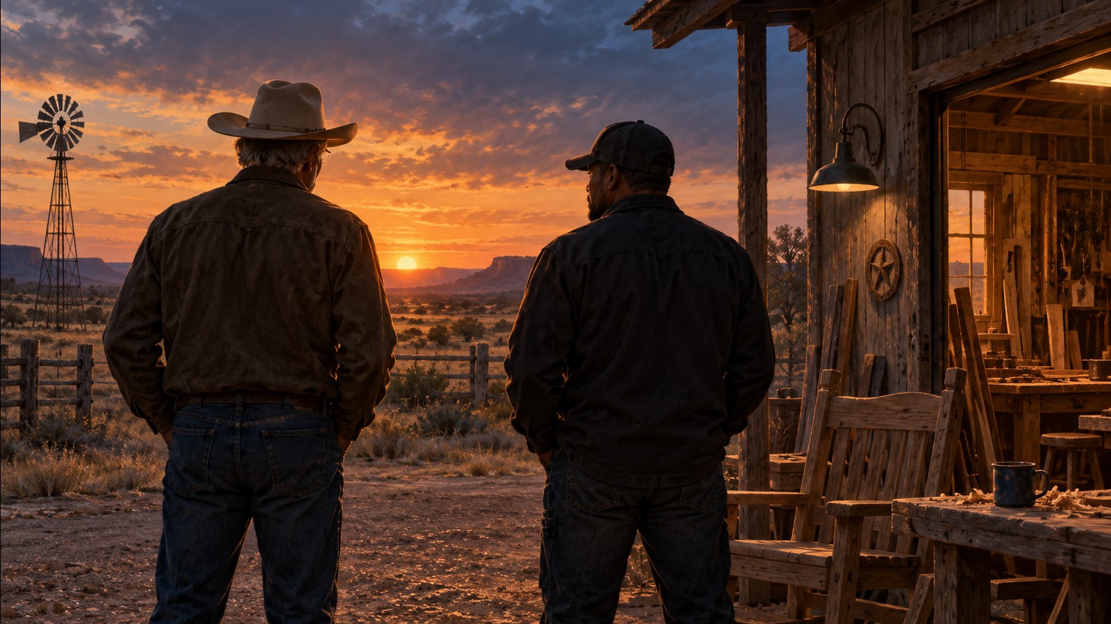 Original illustration of two men beside a rural Texas workshop at sunset