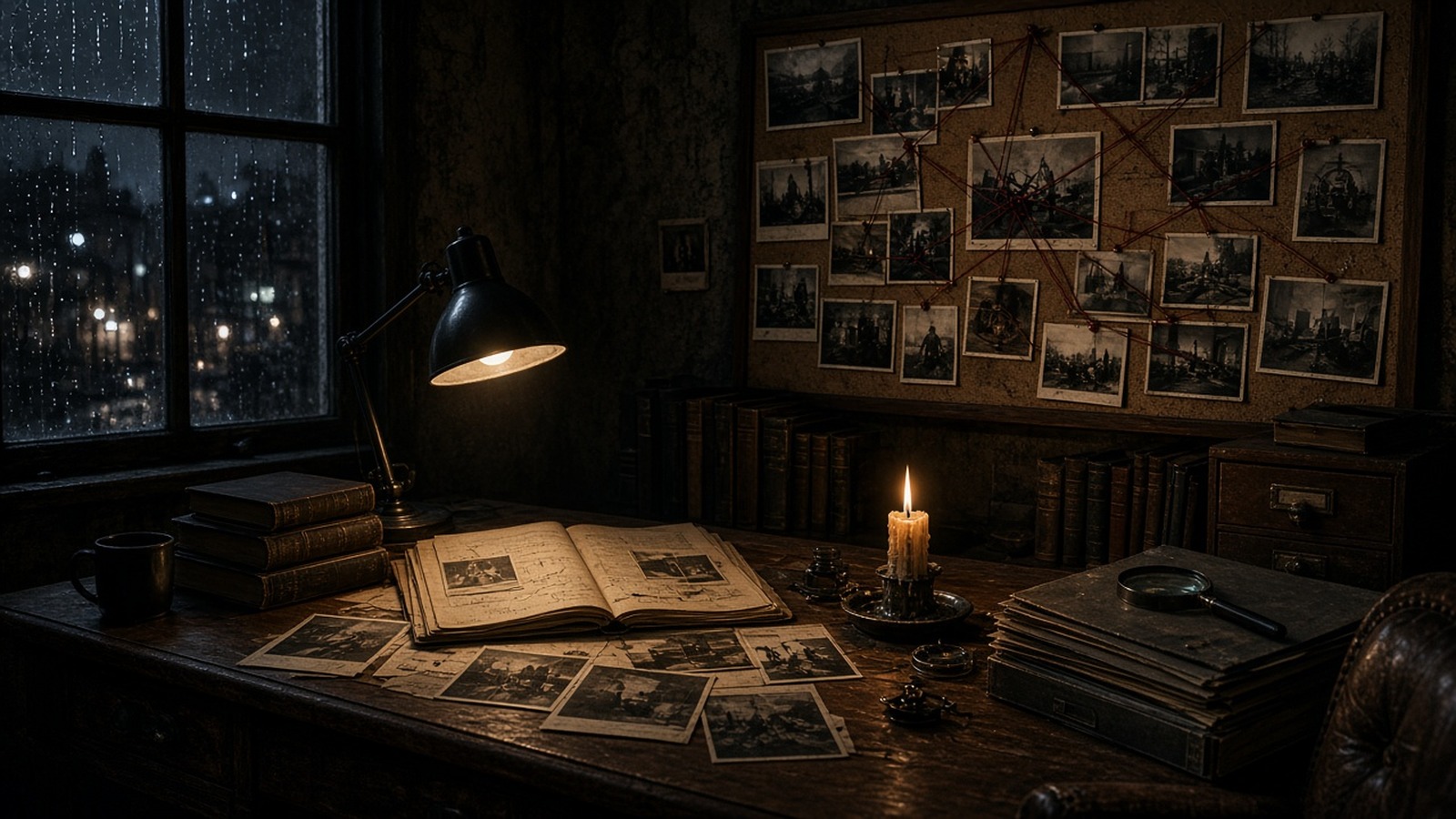 AI artwork of a detective's candlelit desk covered in old photographs, with an evidence board on the wall behind