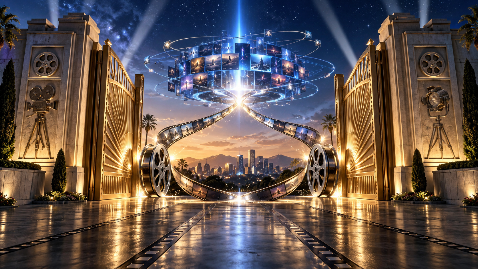 Two illuminated Hollywood studio gates merging into one streaming constellation