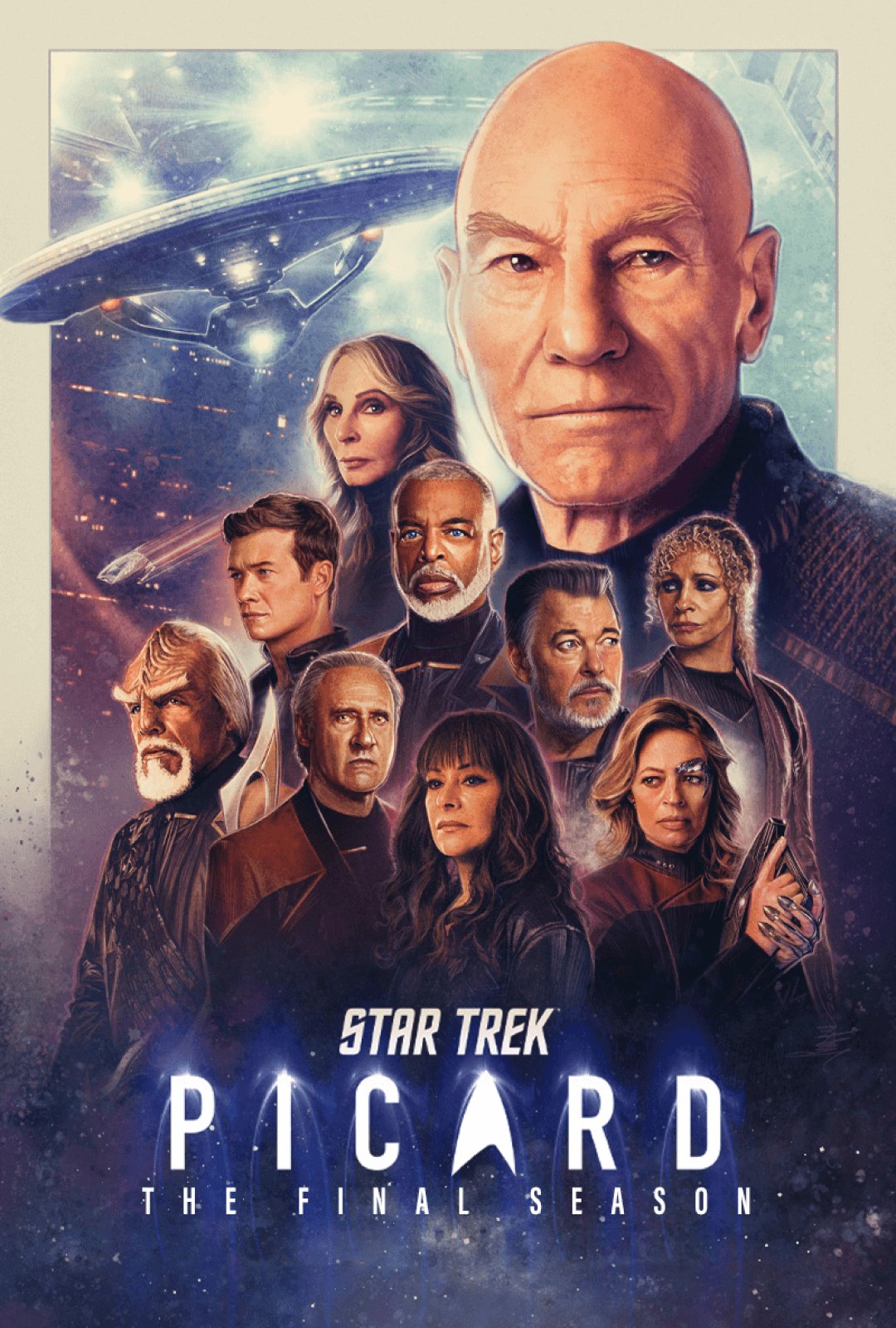 Star Trek: Picard final season key art with Jean-Luc Picard above the Next Generation crew