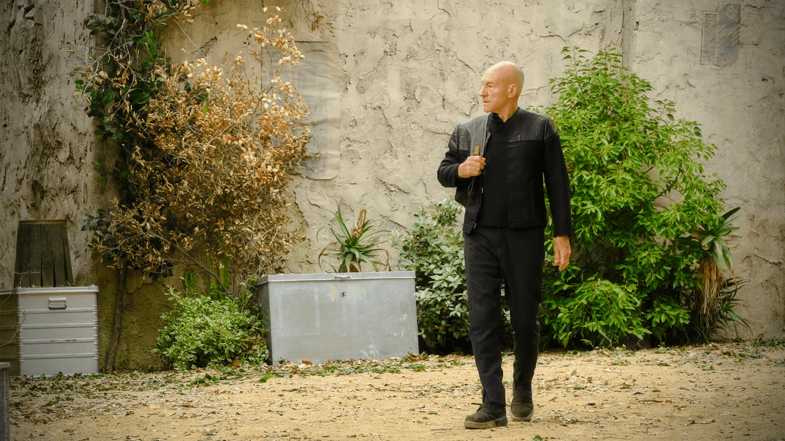 Patrick Stewart as Jean-Luc Picard walking in a sunlit garden in Star Trek: Picard