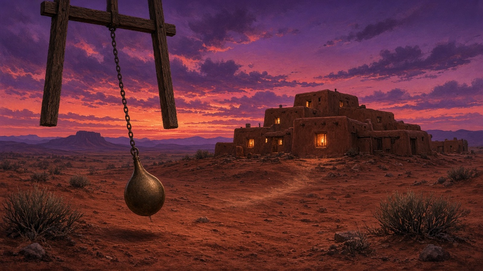 AI artwork of a heavy pendulum swinging over a red desert towards an adobe retreat at dusk
