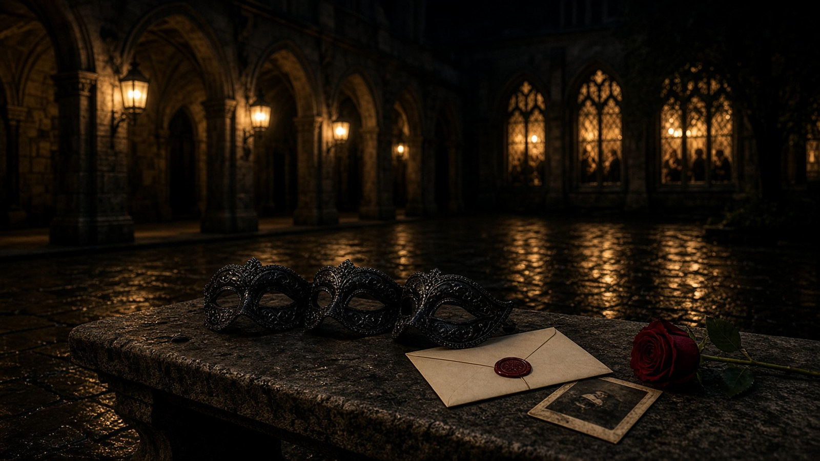 AI artwork of a lantern-lit university cloister at night, with three black masquerade masks, a wax-sealed envelope, a face-down photograph and a red rose on a rain-wet stone bench