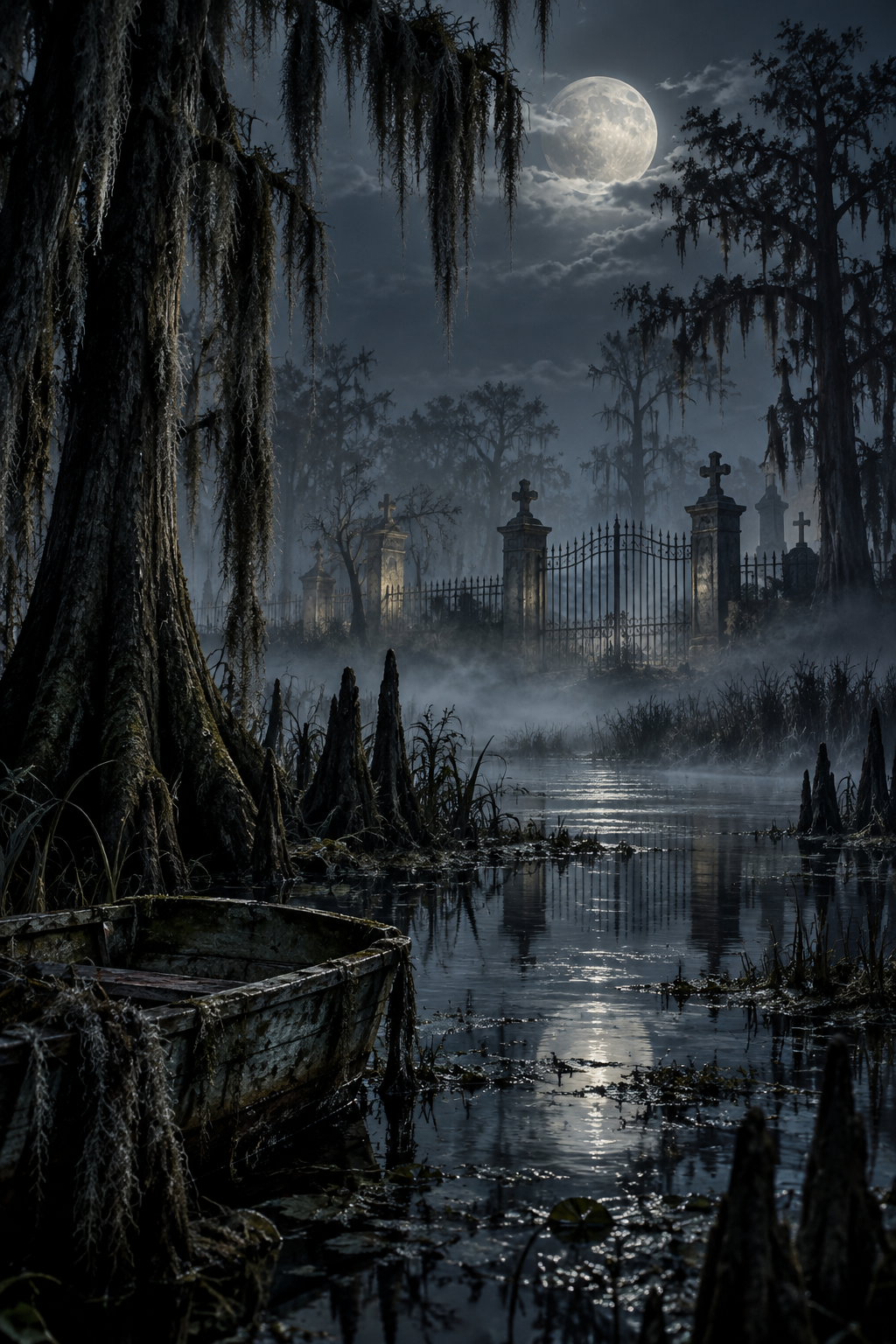 AI-created editorial illustration evoking The Pet Cemetery Murders through a moonlit Louisiana bayou and cemetery gate