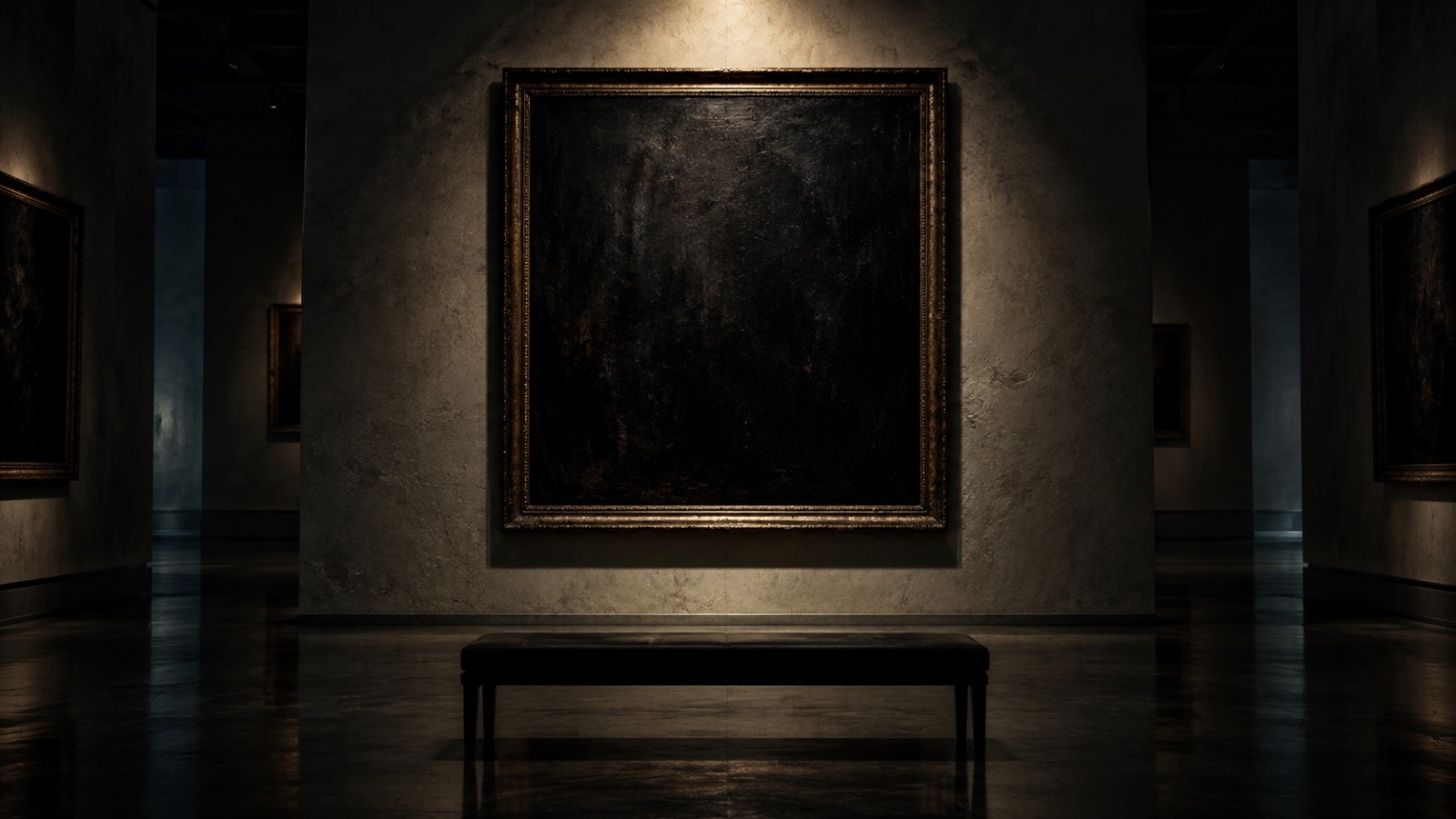 Original editorial illustration of an empty gallery with a dark framed painting