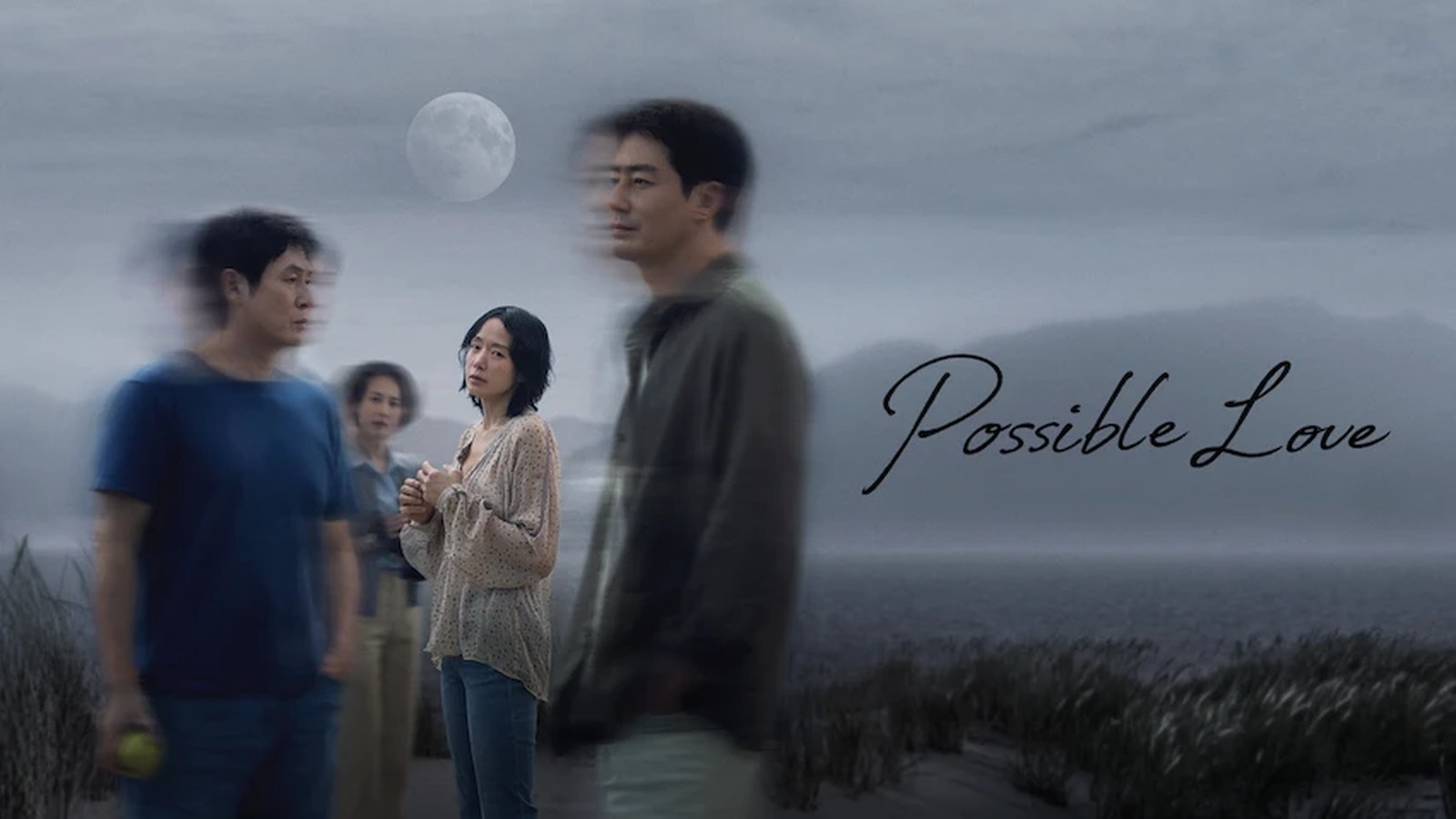 Official Possible Love key art of four figures on a misty shoreline beneath a pale moon, with the film’s handwritten title