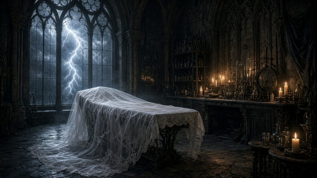 AI-generated artwork: Gothic laboratory at night with lightning and an empty table under a bridal veil