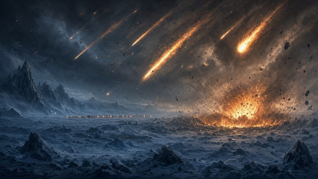 AI-generated artwork: Frozen devastated landscape under a glowing debris-filled sky