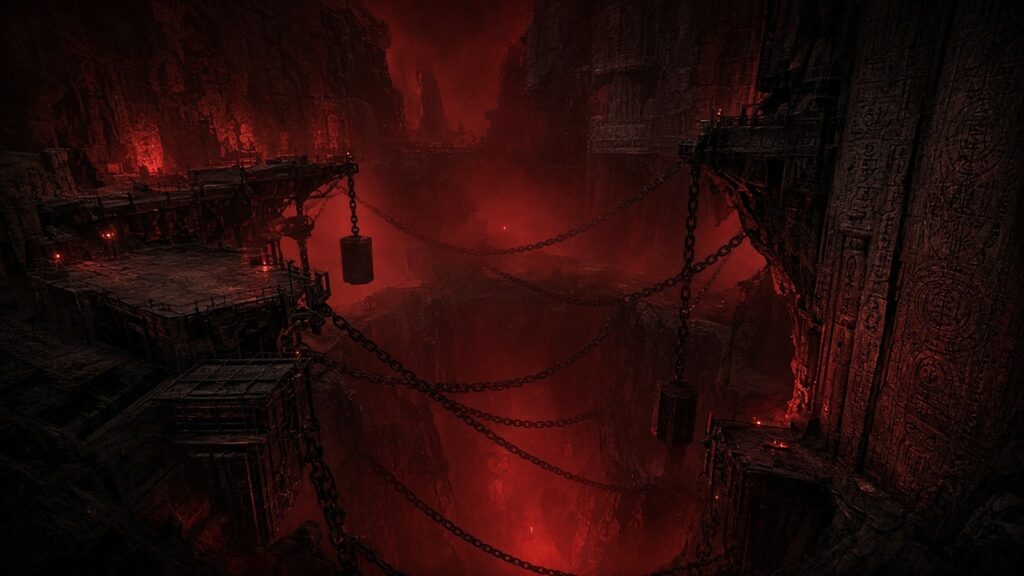 AI-generated artwork: Red-lit chasm beneath a planetary mining base with chains and carved symbols
