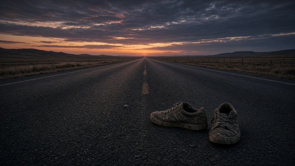AI-generated artwork: Empty rural highway stretching to the horizon at dusk