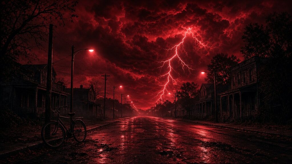 AI-generated artwork: Small-town road at night under a crimson storm sky with an abandoned bicycle