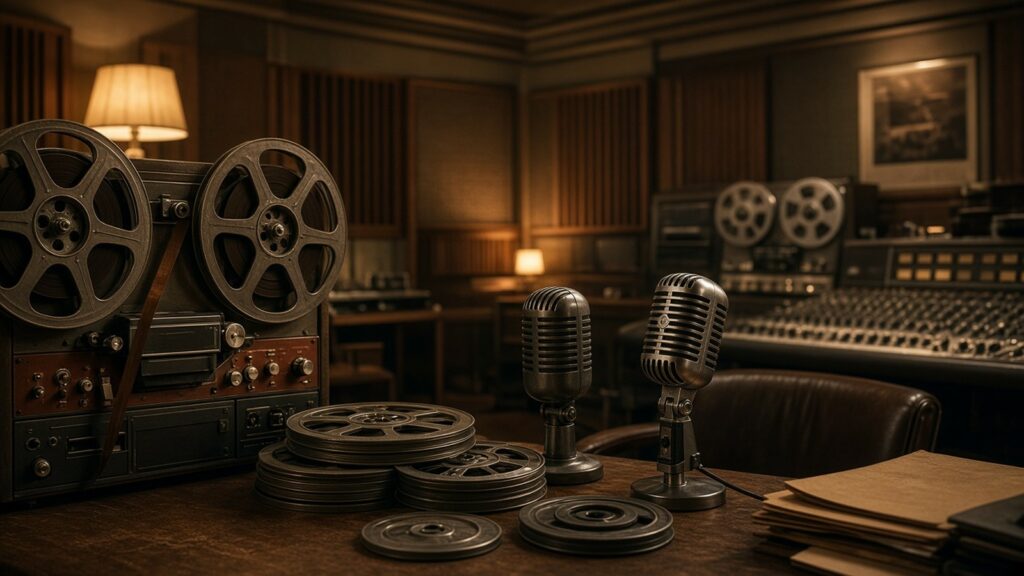 AI-generated artwork: Vintage reel-to-reel tape machines in a warm-lit 1960s recording studio