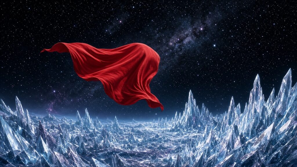 AI-generated artwork: Red cape billowing against a starfield above a crystalline alien planet