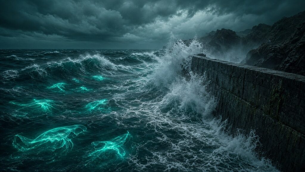 AI-generated artwork: Stormy coastline with waves crashing against a seawall and glowing shapes in the water
