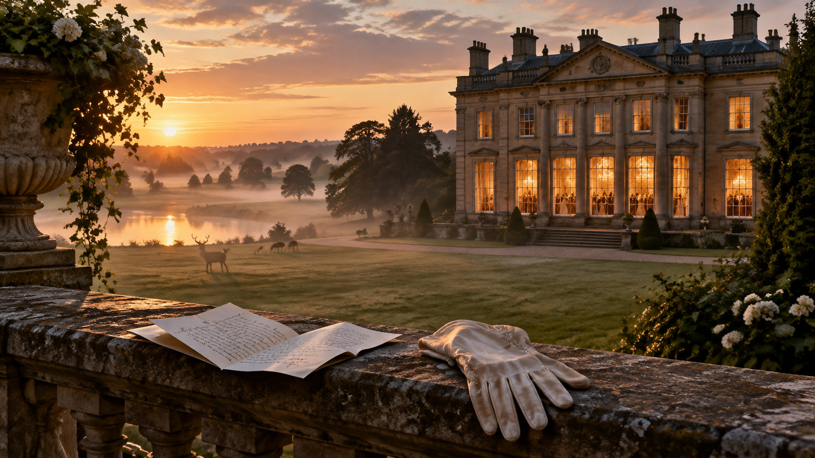 AI artwork: a Regency country house glowing at sunset across misty parkland, with a handwritten letter and gloves on a stone balustrade