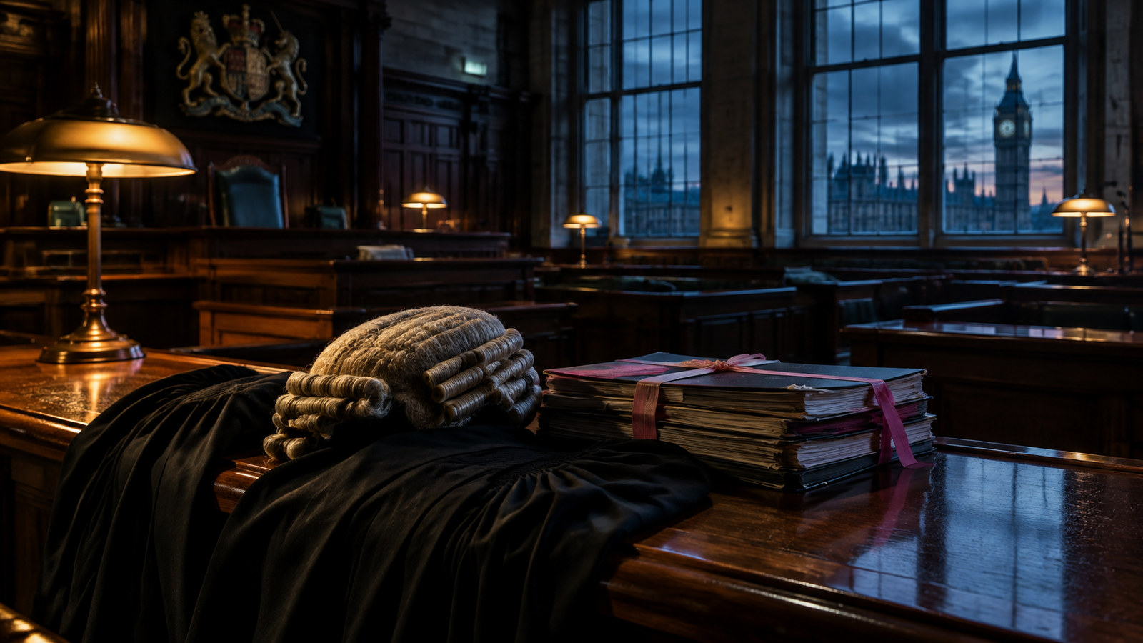 AI artwork: a barrister’s wig and gown beside legal briefs tied with pink ribbon in an empty London courtroom at dusk