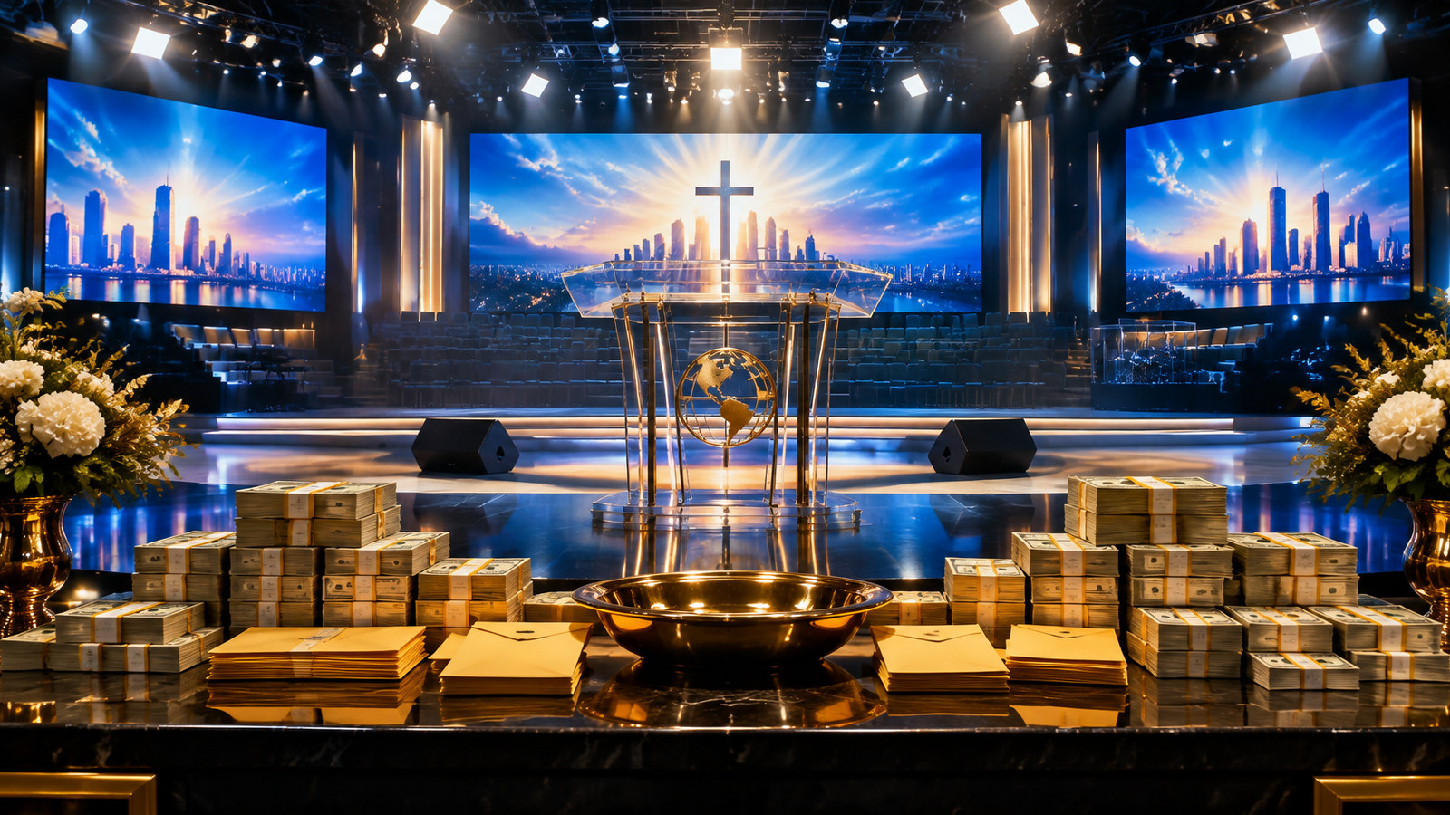 AI artwork: a glossy megachurch TV stage with a glass pulpit, giant screens and stacks of cash on the altar